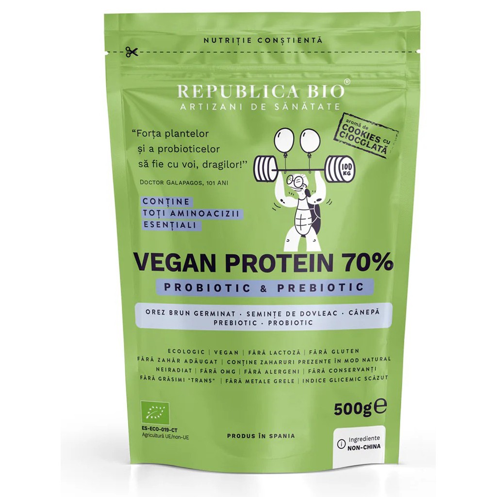 Pudre proteice bio - Vegan Protein 70%  Probiotic si Prebiotic, gust de cookie, eco