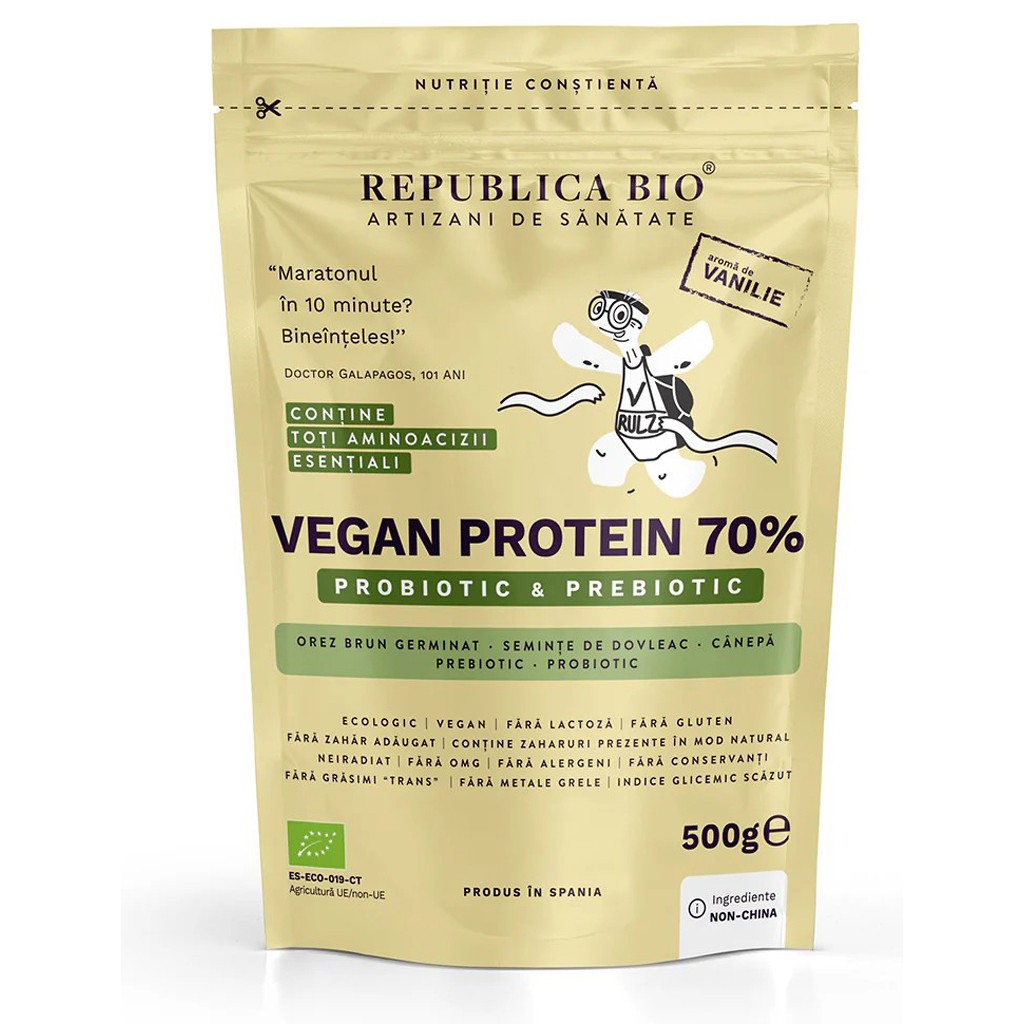 Pudre proteice bio - Vegan Protein bio 70% Probiotic si Prebiotic, gust de vanilie, eco