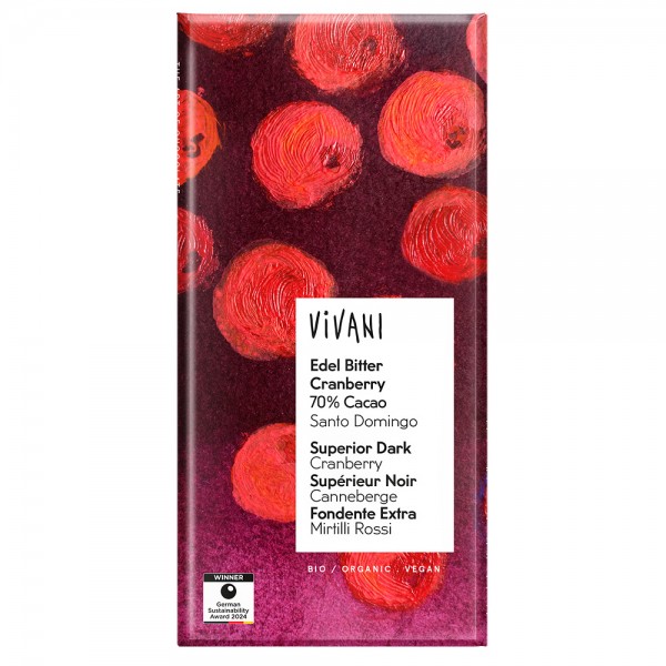 Ciocolata amaruie cu 70% cacao si merisoare bio Vivani
