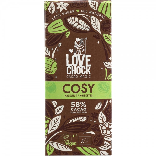 Ciocolata vegana cu 58% cacao, bautura de orez si alune bio Lovechock