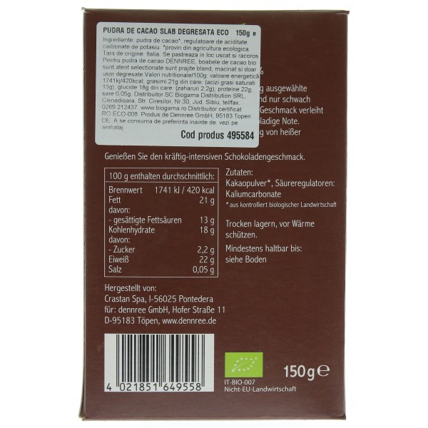 Pudra de cacao slab degresata 20-22% bio Dennree