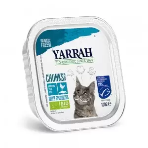Bucati de hrana cu carne de pui si peste pentru pisici Yarrah